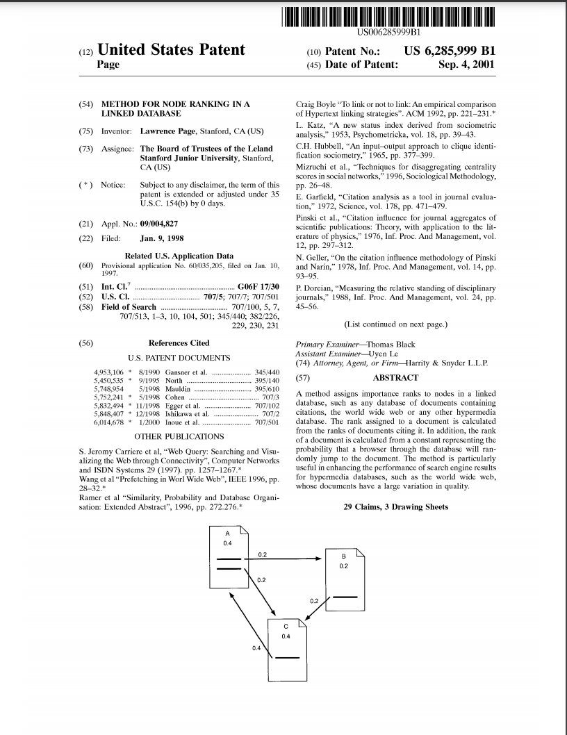 Front page of US patent 6285999, the seminal Stanford patent that led to Google.