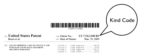 An image of the top of the patent with the kind codes identified.